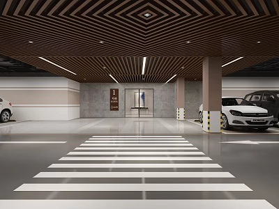 Modern Parking Lot Interior With Striped Crosswalk Wooden Ceiling And Parked Cars 3d model