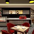 Mother Rice Noodle Restaurant Interior With Patterned Walls Dining Tables And Red Chairs