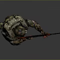 Camouflaged Armored Game Movie Character Holding Rifle in Combat Stance with Tactical Gear