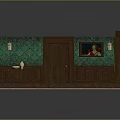 Room Model With Green Patterned Wallpaper Wooden Door Framed Painting Wall Sconces And Wooden Flooring