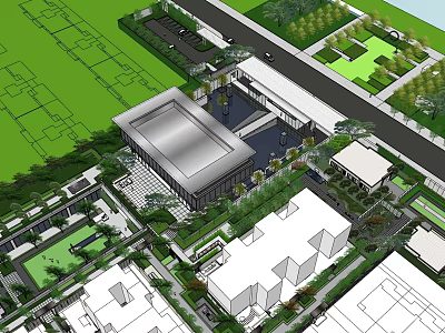Modern Sales Office Building With Surrounding Greenery Water Feature And Parking Area 3d model