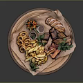 Grilled Ribs with Crispy Onion Rings Golden Fries and Fresh Vegetable Sticks on Wooden Tray