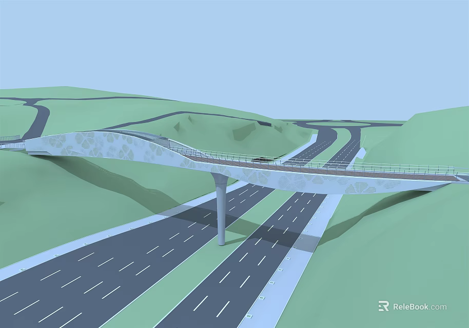Elevated Highway Bridge Design With Multiple Lanes And Green Hill Surroundings 3d model 