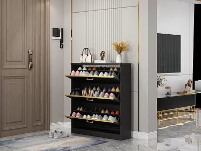 Stylish Modern Entryway Shoe Cabinet With Multiple Shelves Holding Shoes And Decorations 3d model