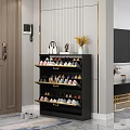 Stylish Modern Entryway Shoe Cabinet With Multiple Shelves Holding Shoes And Decorations