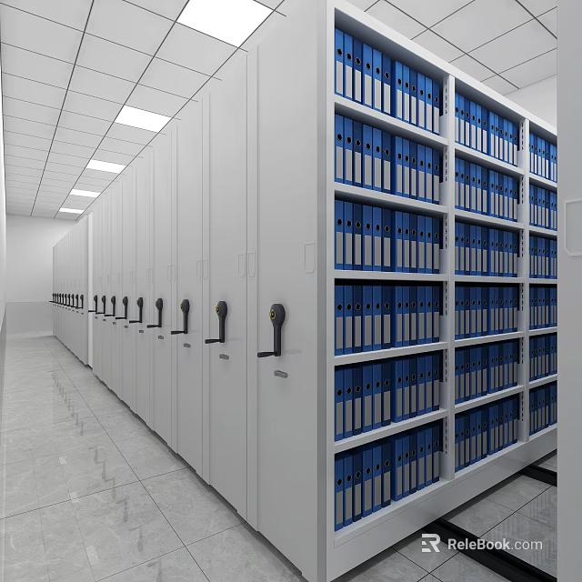 Bright Archive Room With White Filing Cabinets And Neatly Arranged Blue Folders 3d model 