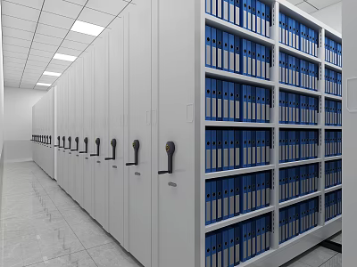 Bright Archive Room With White Filing Cabinets And Neatly Arranged Blue Folders 3d model