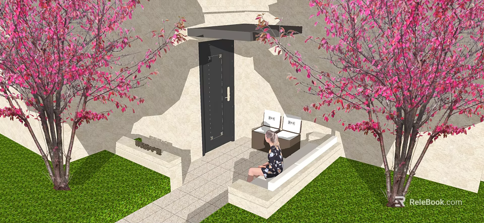 Entrance Gate Surrounded by Pink Flowering Trees Green Lawn Stone Path and Bench 3d model 