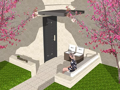 Entrance Gate Surrounded by Pink Flowering Trees Green Lawn Stone Path and Bench 3d model
