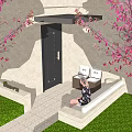 Entrance Gate Surrounded by Pink Flowering Trees Green Lawn Stone Path and Bench