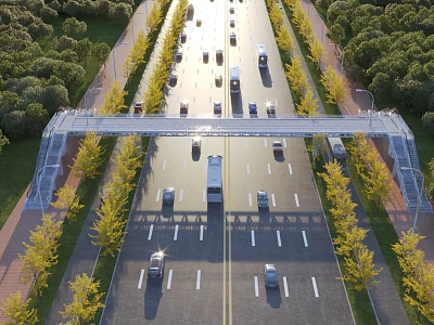 Scenic Landscape Bridge Over Busy Road With Vehicles And Green Trees 3d model