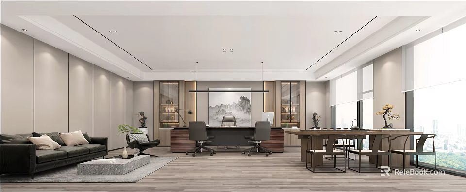Modern Spacious Office Interior Design With Wooden Floors Desk Sofa Landscape Painting And Pendant Lights 3d model 