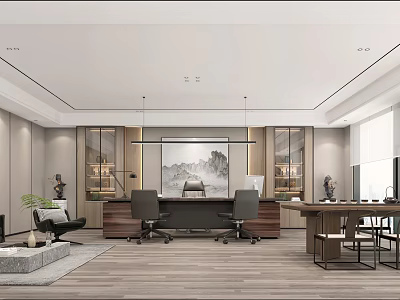 Modern Spacious Office Interior Design With Wooden Floors Desk Sofa Landscape Painting And Pendant Lights 3d model