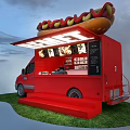 Red REMET Food Truck With Hot Dog Roof Black Windows Steps Mobile Service In Grass