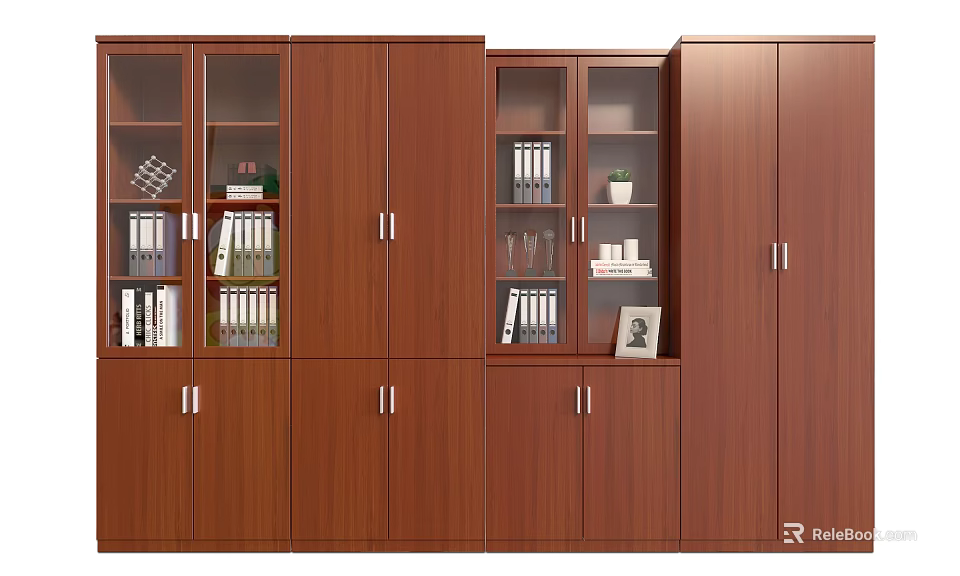 Brown Wooden Bookcase With Multiple Cabinets Glass Doors And Decorative Items Books And Plants 3d model 