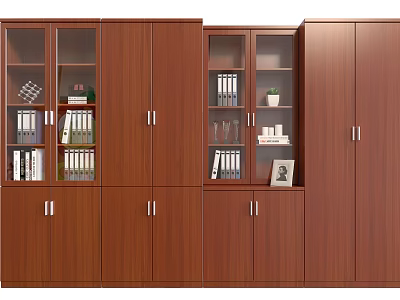 Brown Wooden Bookcase With Multiple Cabinets Glass Doors And Decorative Items Books And Plants 3d model