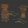 Traditional Chinese Architectural Models With Tower Pavilion And Curved Roof Bridges