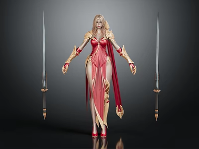 Fantasy Warrior Character And Mythical Creature With Red Gold Armor And Twin Swords 3d model