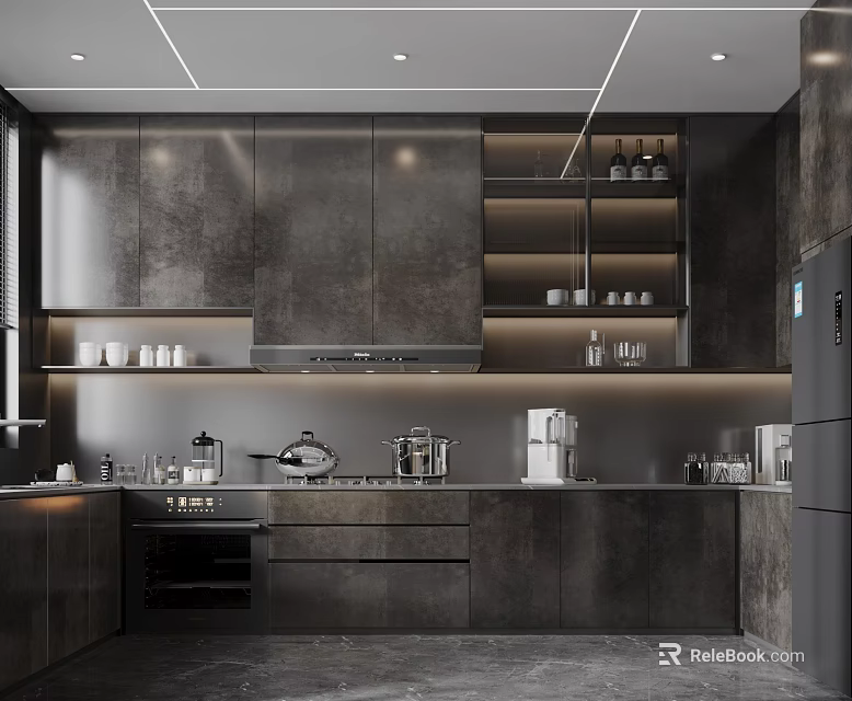 Modern Dark Kitchen Interior With Sleek Cabinets And Stainless Steel Appliances 3d model 