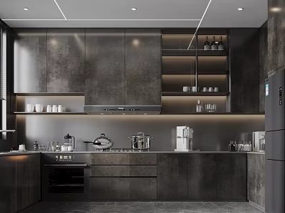 Modern Dark Kitchen Interior With Sleek Cabinets And Stainless Steel Appliances 3d model