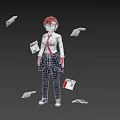 Red Haired Woman In White Shirt Red Tie Black Outfit Red Gloves With Scattered Papers