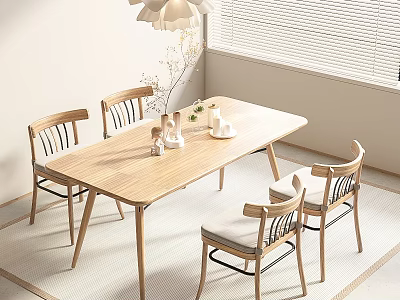 Natural Wooden Dining Table And Chairs Set With Simple Decorations And Window Lighting 3d model