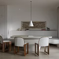 Minimalist Restaurant Interior With White Cabinets Dining Table Wooden Chairs Bench And Pendant Light 3d model