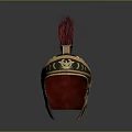 Ancient Ornamental Helmet with Red Plume Golden Decorations and Blue Accents