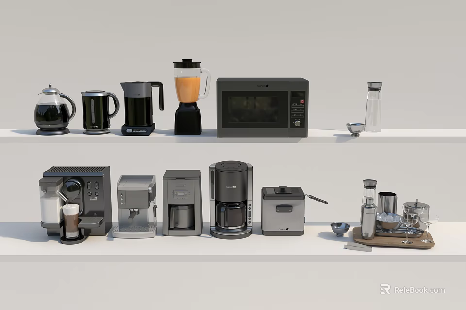 Essential Modern Kitchen Appliances Including Coffee Maker Blender Microwave And Toaster 3d model
