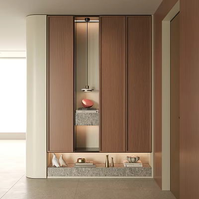 Modern Entryway Hallway Interior With Wooden Cabinets Pendant Light And Decorative Items 3d model