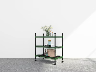 Green Multi tier Rolling Cart Shelf with Decorative Vase Boxes and Bottles 3d model