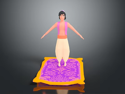 Male Character In Pink Vest Standing On Purple Flying Carpet With Yellow Edges 3d model
