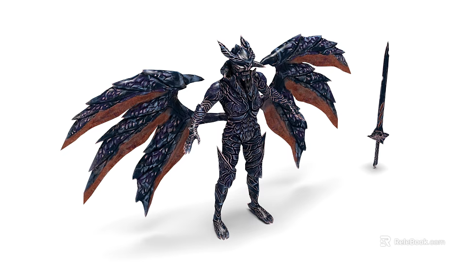 Winged Game Movie Character In Intricate Armor With Large Feathered Wings And Sword 3d model 