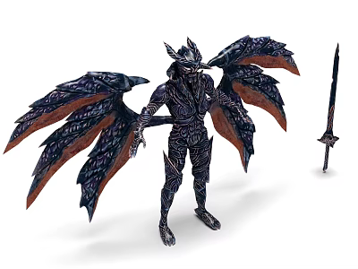 Winged Game Movie Character In Intricate Armor With Large Feathered Wings And Sword 3d model