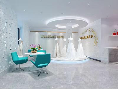 Elegant Bridal Shop Interior With White Decor Turquoise Chairs And Wedding Dress Displays 3d model
