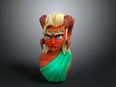 Red Skinned Woman With Blonde Hair Ram Horns Blue Gemstones And Green Shawl 3d model