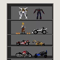 Various Action Figures on Shelves Including Robot Anime Character and Vehicle Toys