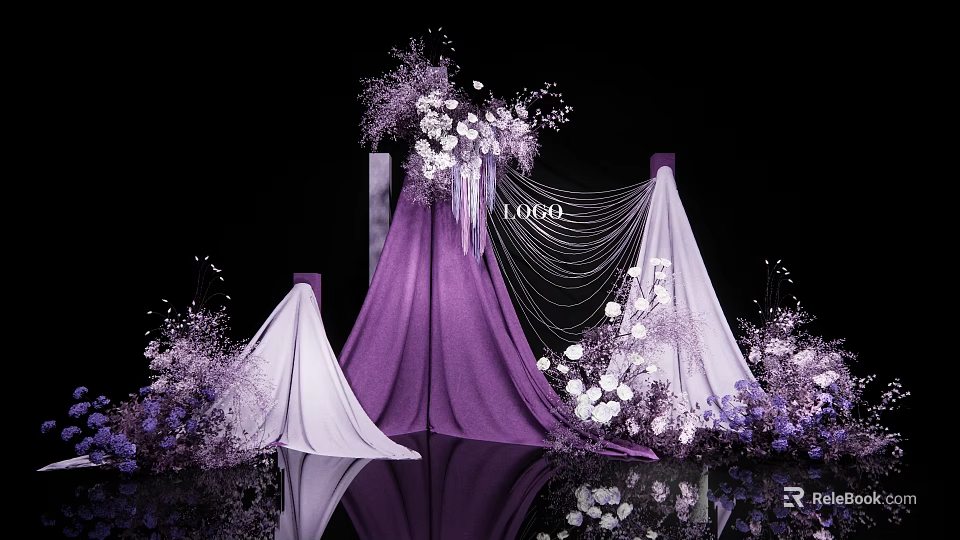 Elegant Wedding Decoration With Purple Drapery White Flowers And LOVE Lettering 3d model 