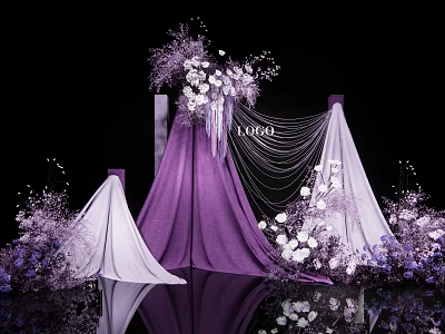 Elegant Wedding Decoration With Purple Drapery White Flowers And LOVE Lettering 3d model