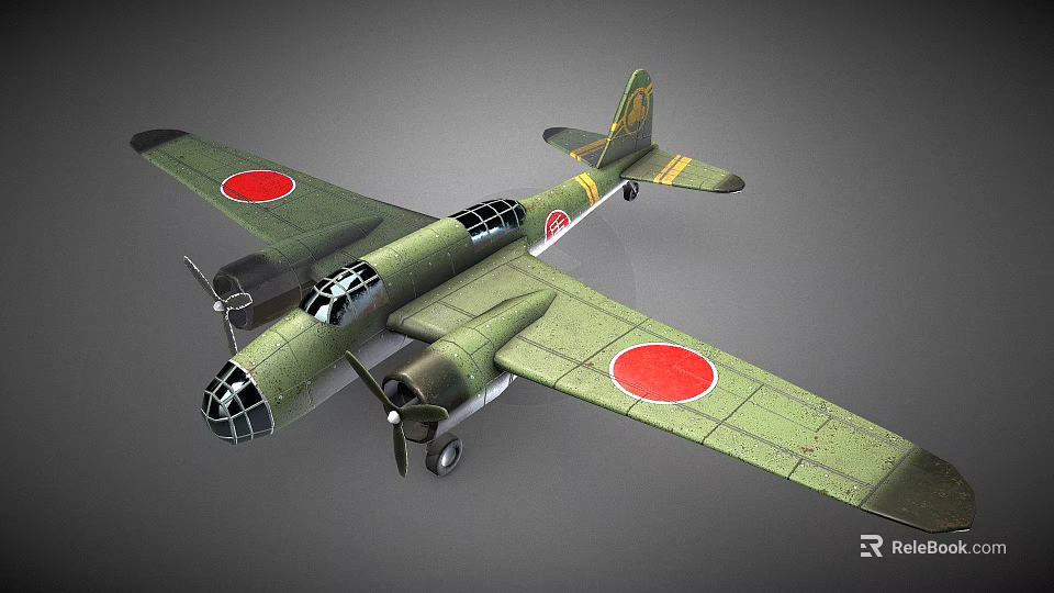 Vintage Green Military Aircraft With Twin Propellers And Red Circle Markings 3d model 