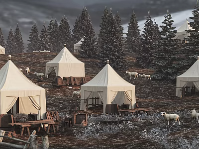 Natural Garden Landscape With White Tents Pine Trees Wooden Tables And Grazing Sheep 3d model