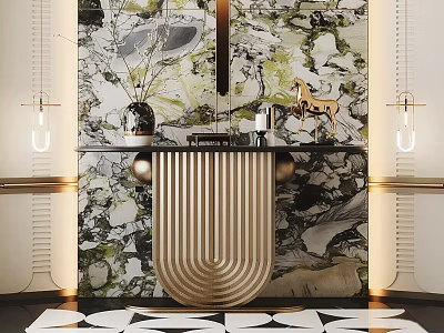 Elegant Modern Foyer Hallway With Marble Backdrop Golden Accents And Deer Figurine 3d model