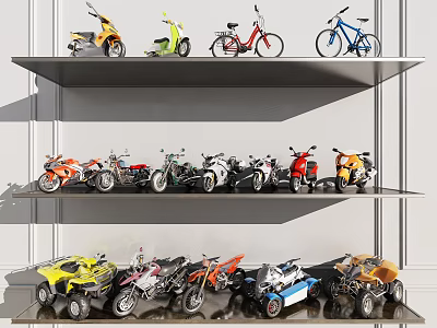 Various Motorcycle Models and Styles Displayed on Shelves Collection 3d model