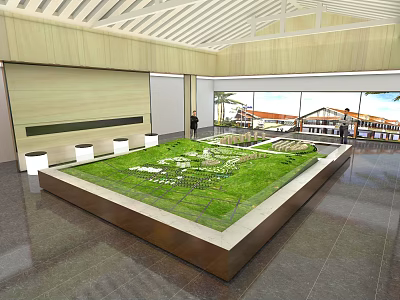 Sales Office Interior With Large Green Lawn Model White Seats And Wooden Ceiling 3d model