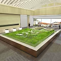 Sales Office Interior With Large Green Lawn Model White Seats And Wooden Ceiling