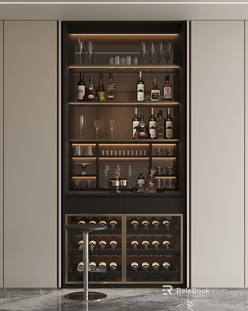 Elegant Modern Wine Cabinet With Multi tiered Bottle Racks And Glassware Storage Design 3d model 