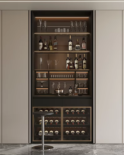 Elegant Modern Wine Cabinet With Multi tiered Bottle Racks And Glassware Storage Design 3d model