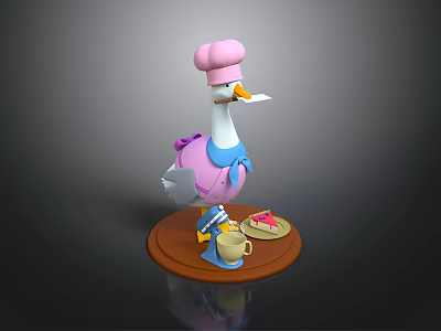Cute Duck Wearing Pink Chef Hat And Apron With Kitchen Items On Wooden Base 3d model