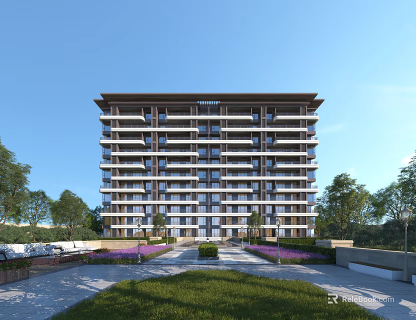 Modern Mid Rise Residential Building Surrounded By Lush Greenery Lawn Purple Flowers And Trees 3d model 