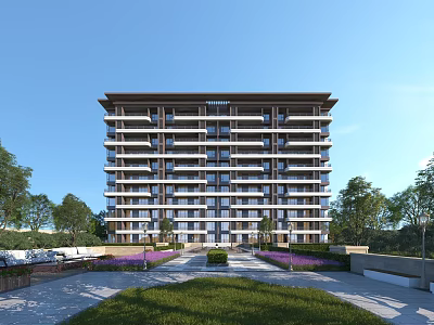 Modern Mid Rise Residential Building Surrounded By Lush Greenery Lawn Purple Flowers And Trees 3d model